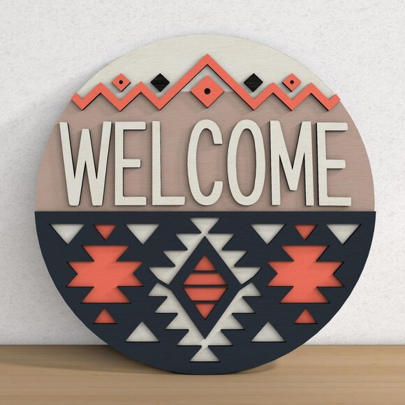"WELCOME" Wooden Hanging Sign in Southwestern Boho Style - Impressive - Picture 1 of 1